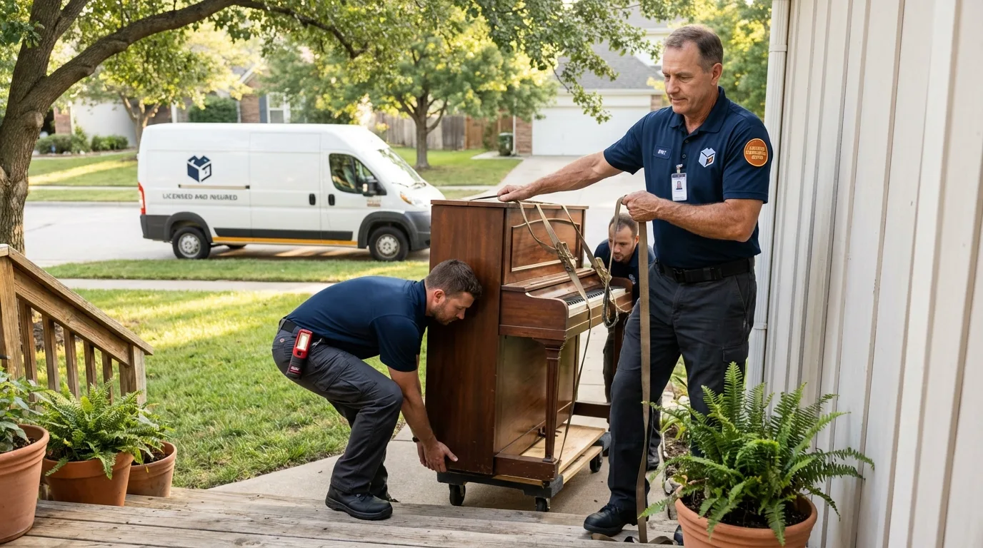 Licensed piano movers securing grand piano in Marlboro, NY