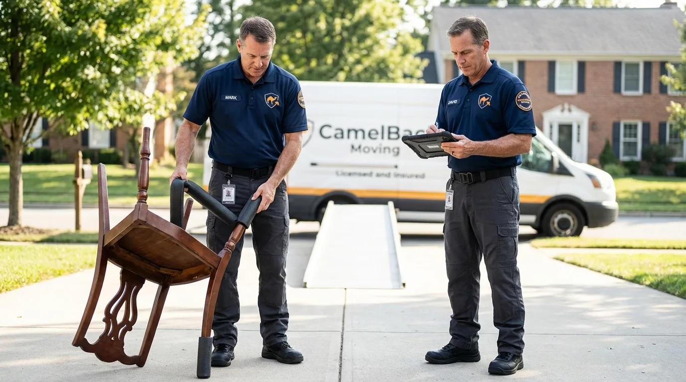 Movers inspecting furniture for damage prevention before loading in Marlboro, NY